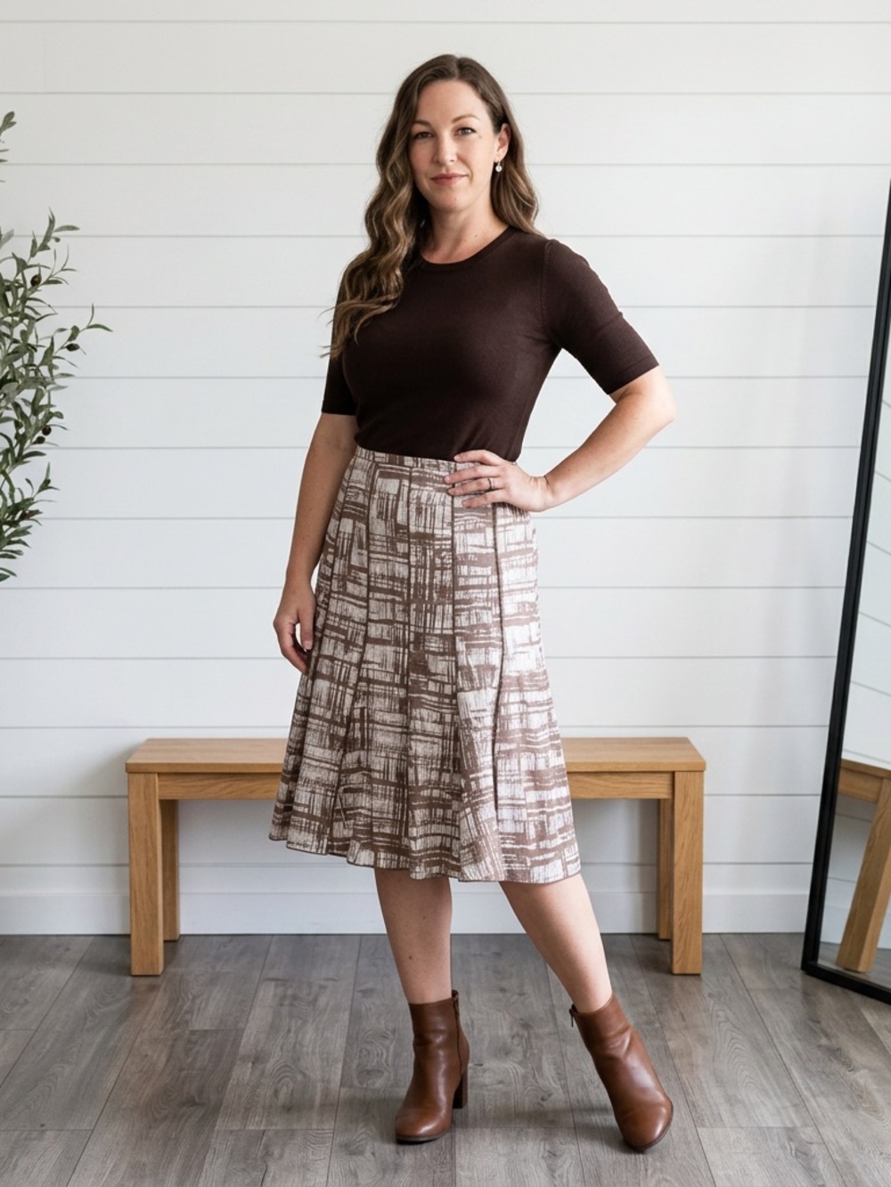 Melanie Lyne Brown Abstract Print Cotton A-Line Skirt Size 8